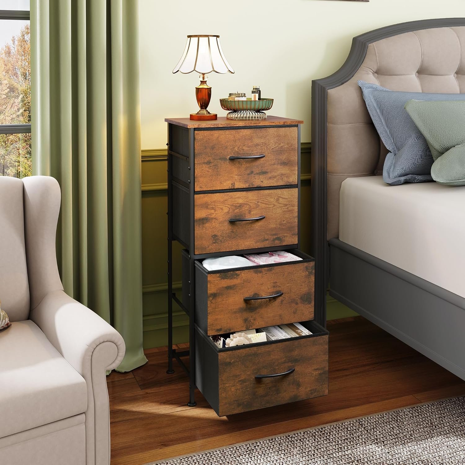 Dresser with 4 Drawers, Fabric Storage Tower - Image 2